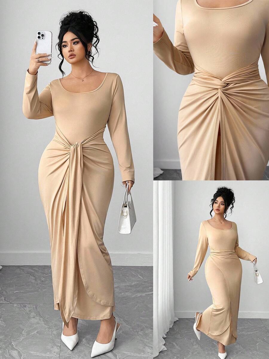 Elenzga Plus Size Women's Crew Neck Long Sleeve Knit Elastic Solid Color Maxi Dress, Versatile Dress With Multiple Wearing Ways, Fashionable, Elegant, Minimalist, Retro Romantic For Commute, Suitable For Daily Wear, Party, And Formal Events, Fitted And Sexy - Khaki - View 1