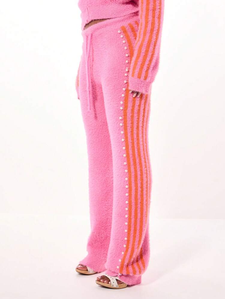 SUMWON WOMEN Pearl Embellished Knit Pants With Orange Stripes