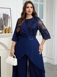 Reflora Bộ đồ liền thân lưới thêu họa tiết chắp vá thanh lịch cỡ lớn dành cho nữ - Màu xanh hải quân - Xem 3