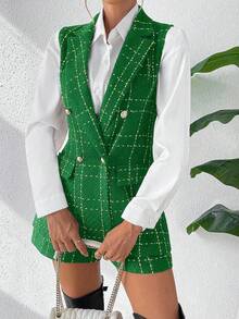 SHEIN LUNE Women's Casual Commute Daily Plaid Notched Collar Vest And Shorts Set - Green - View 7