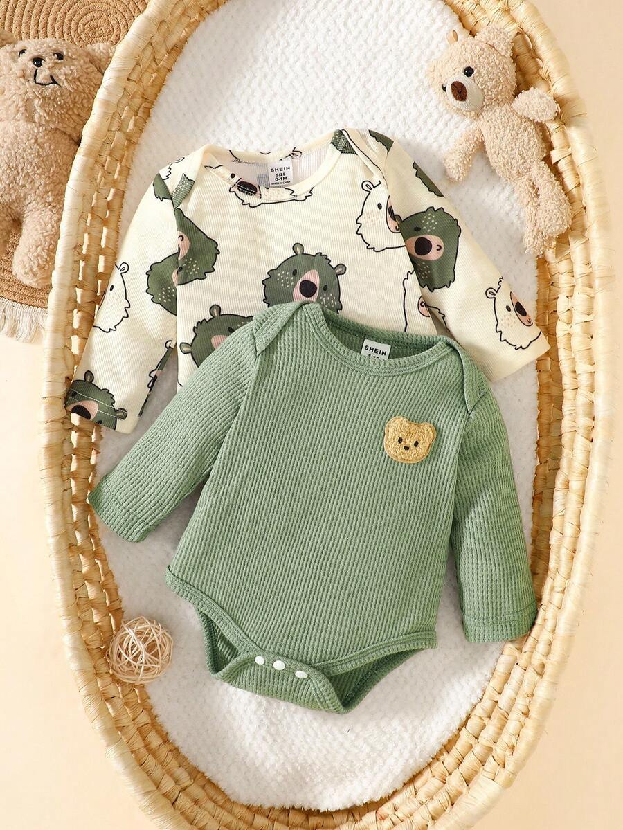 SHEIN 新生男宝宝杏色条纹卡通印花长袖连体衣搭配绿色泰迪熊刺绣连体衣，两件套，时尚个性，可爱秋季新款 - 彩色 - 查看 1