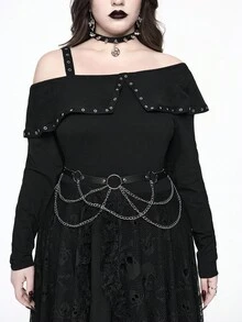 ROMWE Goth 大码哥特式提花骷髅蕾丝边不对称下摆单肩带连衣裙，秋冬大码女装，哥特式大码连衣裙，秋冬休闲大码连衣裙 - 黑色 - 查看 4