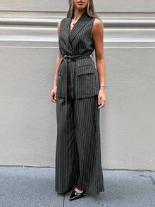 Siren Gaze 女式翻领无袖条纹休闲西装外套 - 深灰色 - 查看 6