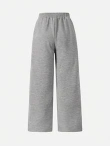 SHEIN 青少年女孩黑色休闲日常简约针织宽松百搭运动纯色裤子，适合外出、购物、户外活动，优雅腰部直筒百搭长裤，运动服 - 淺灰色 - 查看 2