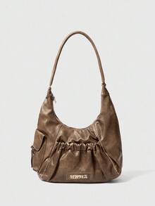 SHEIN BAE Versione coreana, Borsa da donna semplice e di nicchia, colore nero tinta unita, texture vintage, nuova moda autunno e inverno, borsa casual versatile per pendolarismo e viaggi, ampia capacità, borsa a spalla
