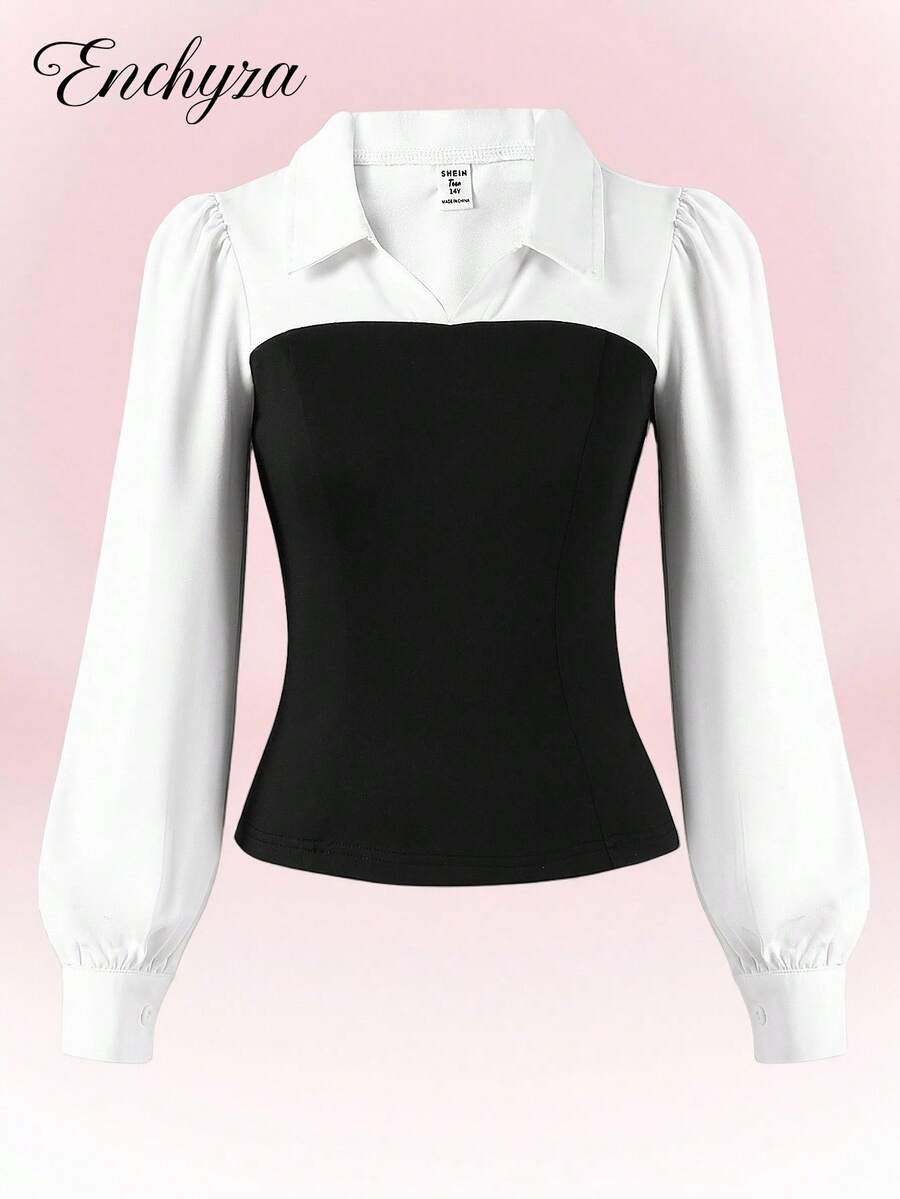 Sparklyn Teen Girl Casual Two-Tone V-Neck Lantern Sleeve Fitted Shirt, Spring/Autumn