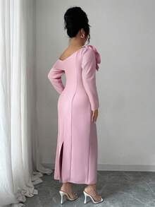 Modelyn Plus Size Women's Romantic Pink 3D Rose Shoulder Decor Asymmetric Long Sleeve Dress, Suitable For Gala, Party, Evening Events