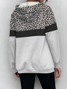 EMERY ROSE Women's Solid Color Leopard Print Patchwork Hooded Long Sleeve Long Sweatshirt - Grey - View 2
