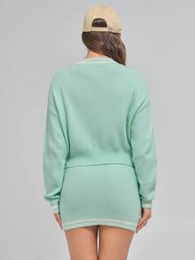 Menodora SHEIN Sport Women Solid Color Zip-Up Long Sleeve Top And Striped Print Skirt Sweater 2 Pieces Set Autumn Winter Clothes For Women - Green - View 2