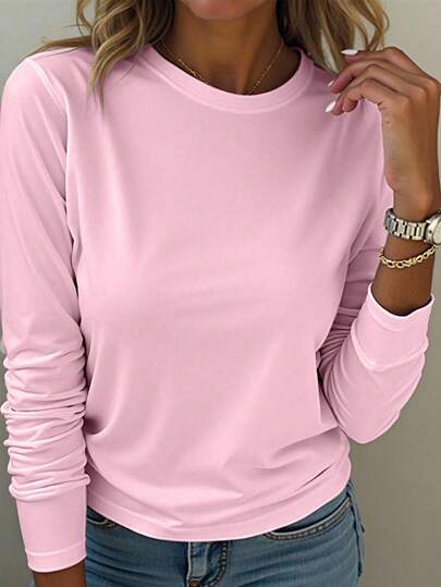 EMERY ROSE A Large-Sized Pink Round-Neck Long-Sleeved T-Shirt, Comfortable And Versatile