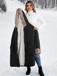 SHEIN CURVE+ Áo khoác mùa đông dài tay có khóa kéo phía trước, mũ trùm đầu giả nhiệt cỡ lớn cho nữ - Nhiều màu - Xem 12