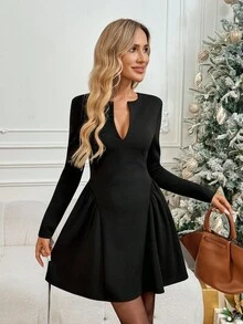 Easowa Sukienka mini w stylu vintage na jesień/zimę, z dekoltem w serek, marszczoną talią, rozkloszowanym dołem i długim rękawem, swobodna, luźna i elegancka, do pracy, w stylu vintage - Czarne - Zobacz 7