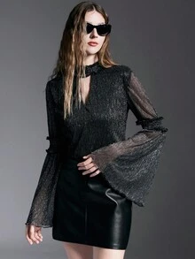 MYSTAURA Women's Fashion Commuter Bell Sleeve Hollow Out Blouse - Black - View 5