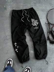 Sport MetroGents Men's Casual Daily Letter & Cross Print Drawstring Waist Sports Pants - Black - View 3