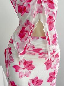 Soleia 全新度假西部海滩婚礼宾客服装、毕业早午餐、圣帕特里克节、春假、复活节、音乐节、优雅波西米亚热带露肩无袖网眼荷叶边下摆两件套 - 粉色 - 查看 5