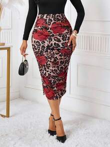 SHEIN Lady Women's Elegant Floral & Leopard Print Pleated Pencil Skirt - Multicolor - View 7