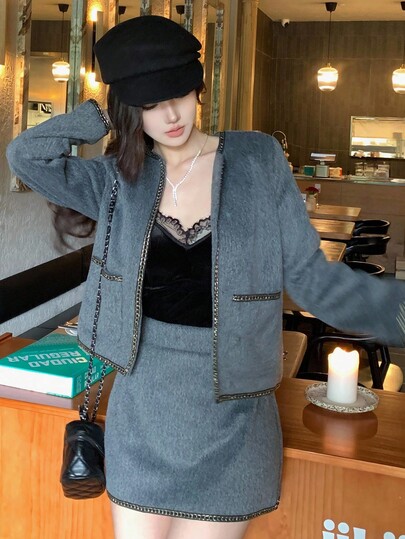 DAZY 2pcs/Set Women's Korean Style Long Sleeve Jacket And Skirt Suit, Autumn/Winter