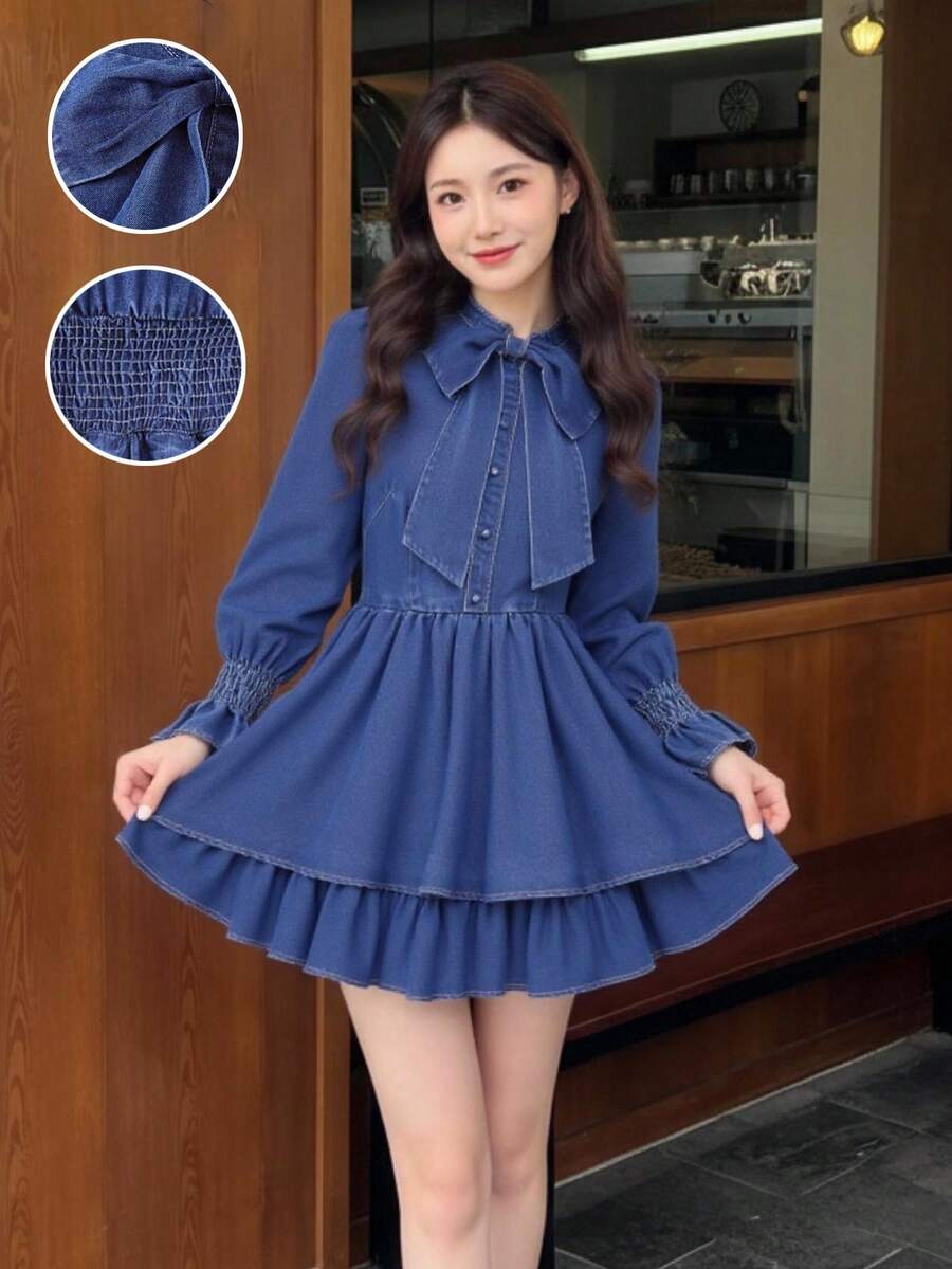SHEIN 少女蝴蝶装饰长袖纽扣设计荷叶边下摆时尚牛仔连衣裙 - 深色水洗藍 - 查看 1