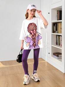 2 件套青少年女孩可爱肖像印花超大圆领短袖 T 恤图案 T 恤和紧身裤套装，返校服装