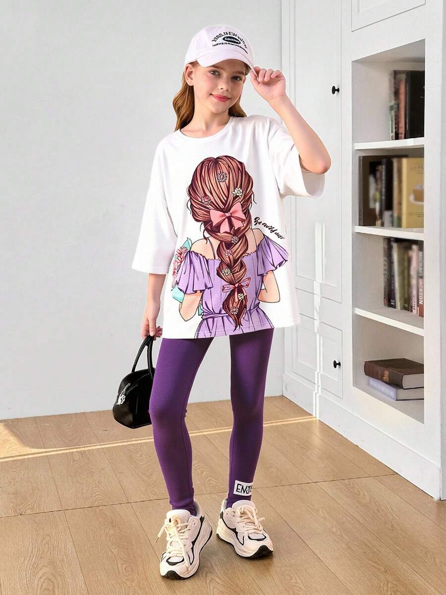 2 件套青少年女孩可爱肖像印花超大圆领短袖 T 恤图案 T 恤和紧身裤套装，返校服装