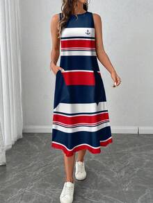 SHEIN LUNE Women's Casual Colorblock Printed Mid-Length Dress, Suitable For Spring/Summer Chic Dress