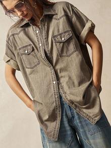 Bohemela Women's Casual Solid Color Loose Woven Shirt - Khaki - View 4