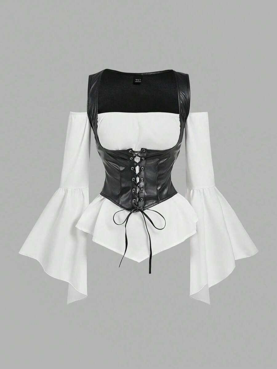 SHEIN MOD 大码女式二合一系带喇叭袖时尚衬衫 - 黑與白 - 查看 1