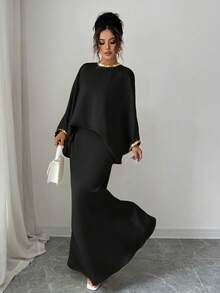 Elenzga 女士圆领蝙蝠袖衬衫和鱼尾中长裙优雅两件套 - 黑色 - 查看 1