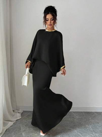 Elenzga 女士圆领蝙蝠袖衬衫和鱼尾中长裙优雅两件套