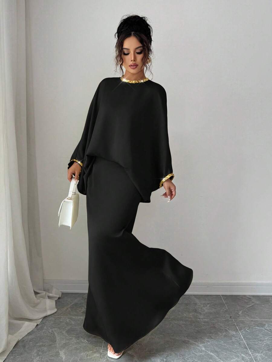 Elenzga 女士圆领蝙蝠袖衬衫和鱼尾中长裙优雅两件套 - 黑色 - 查看 1