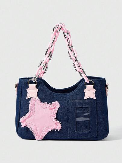 ROMWE Kawaii 新款时尚星形亚克力链条女包，百搭纹理撞色设计，适合休闲通勤，肩背或斜挎风格时尚星星印花女包，时尚星星镂空女包