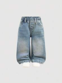 SHEIN Baby Girl Cute Retro Blue Denim Loose Fit Pants Fall Winter,Fall Clothes,Autumn Clothes ,Casual And Fashionable Vacation Outfits,Fleece Leggings Winter