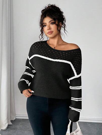 Elenzga Maglione oversize da donna, lavorato a maglia con orlo a costine traforato, a righe colorate, maniche lunghe, pullover casual versatile