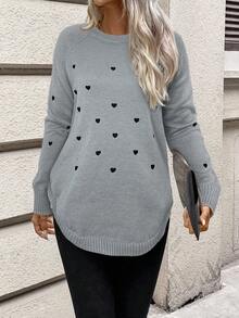 SHEIN Frenchy Damen Herzmuster Rundhals Langarm Lässig Pullover Herbst Winter Kleidung für Frauen