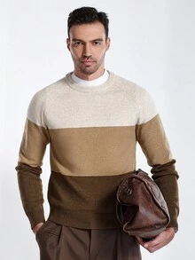 Manfinity CityGents Men's Colorblock Crew Neck Casual Pullover Sweater Striped Sweater, Brown Khaki Sweater, Suitable For Going Out, Going To Work, Working, Playing It Is Great For Couples And Makes An Excellent Gift Idea For Boyfriends Or Husbands, Fall/Winter - Multicolor - View 6