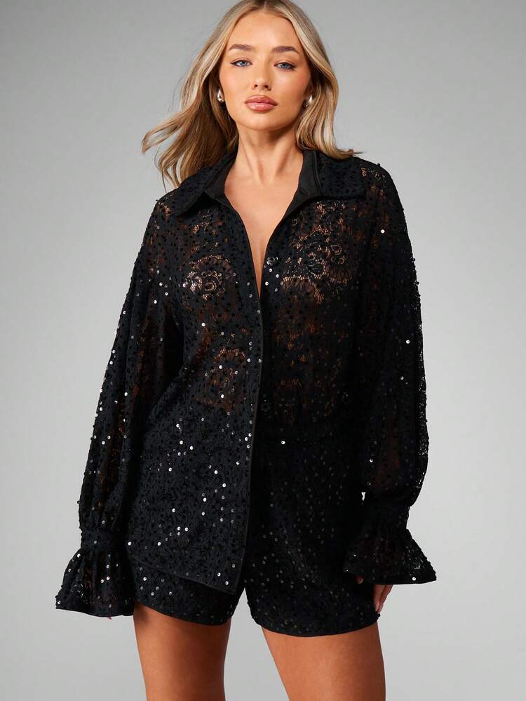 MISSGUIDED Besticktes Spitzenoberteil mit ausgestellten Ärmeln, Oversized Hemd mit Glockenärmeln und Pailletten-Detail, Partykleidung, Abendgarderobe, Herbst-Winter-Kollektion