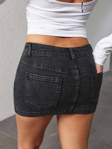 SHEIN PETITE Women's Casual Slant Pocket Mini Denim Skirt, Autumn - Black - View 2