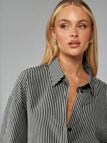 MISSGUIDED 女式长袖纽扣条纹衬衫收腰系带休闲秋季办公室上衣专业商务工作服超大衬衫 - 黑色 - 查看 3