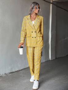 EMERY ROSE Bộ vest kẻ caro hai hàng khuy đơn giản, dễ kết hợp, tiện lợi khi đi làm - Màu vàng - Xem 4