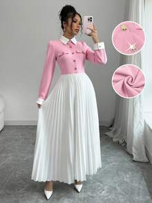 Elenzga Patchwork Button & Pleated Decor Women Dress Fall Cloth For Women