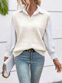 SHEIN LUNE Chaleco de punto de unicolor con cuello en V, casual y versátil - Beis - Ver 3