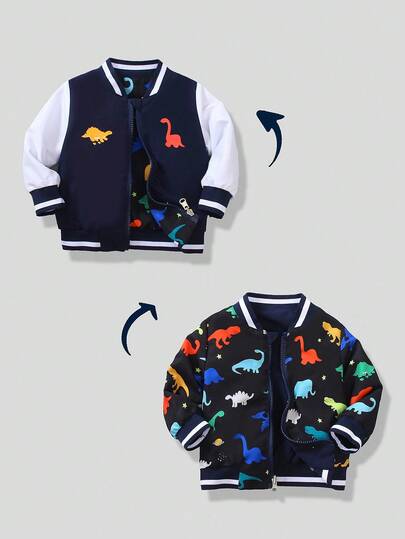 SHEIN Playful Pals Jaqueta Reversível com Zíper para Meninos Pequenos, Gola Canelada com Listras Contrastantes e Estampa Fofa de Urso