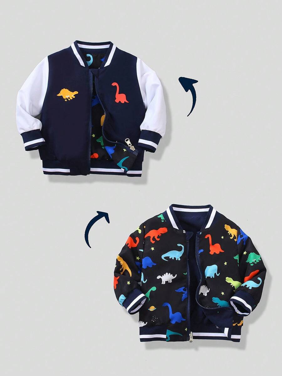 SHEIN Playful Pals Chaqueta reversible con cremallera para niños pequeños con cuello de canalé a rayas de contraste y estampado lindo de oso - Negro - Ver 1