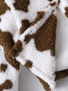 Young Girls' Luxury Elegant Faux Fur Jacket, Soft Plush Fabric, Collarless Design, Brown & White Contrast Color, Front White Gold-Edged Buttons, Loose Fit, Fashionable & Graceful, Suitable For Autumn/Winter