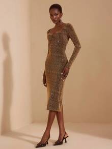 JIAN LASALA Abito midi attillato con scollo quadrato, maniche lunghe e paillettes dorate, abito elegante da donna per feste, abito attillato marrone, abito con paillettes, abito nei toni della terra, collezione di abbigliamento di lusso e di stile