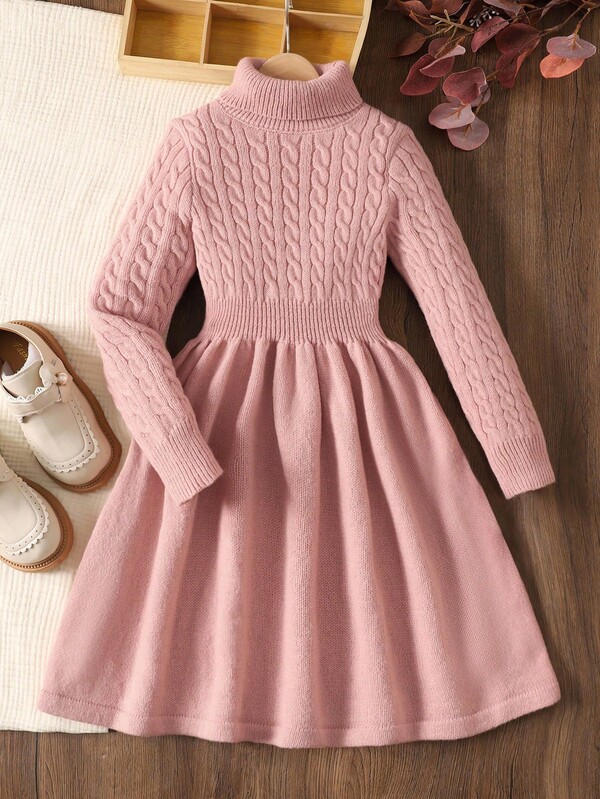 SHEIN Vestido suéter casual de malha com gola alta e manga comprida para meninas pré-adolescentes