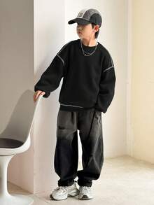 SHEIN Tween Boy Casual Korean Style Loose Fit Contrast Color Round Neck Sweatshirt, Suitable For Commuting, School, Daily Casual Wear, Sports, Autumn/Winter
