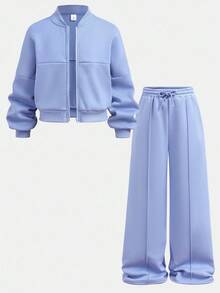 SHEIN 2 件套青少年女孩秋季休闲装 - 长袖拉链连帽运动衫 + 阔腿运动裤套装，适合日常、居家和街头穿着，舒适 - 淺藍色 - 查看 15