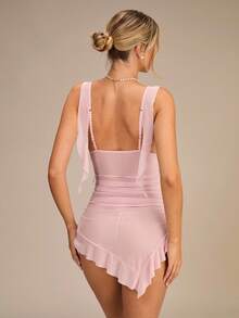 Enchnt Conjunto de 2 peças: minissaia plissada assimétrica em rede para sair - Rosa - Ver 7