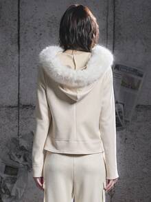 Bloopia Retro American Sporty Casual Street Style Women's Patchwork Faux Fur Collar Loose Zip-Up Hoodie Jacket, Suitable For Autumn/Winter And Halloween - Apricot - View 2